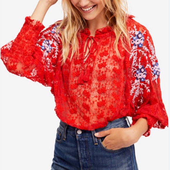 Free People Jubilee Shirt Red Lace Embroidered Womens XS - Picture 1 of 12